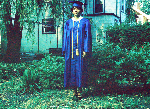 Paulette Chartier - 1967 graduation from Sacred heart School standing in hte yard at 193 Cedar Street. - new BEdford - www.WhalingCity.net
